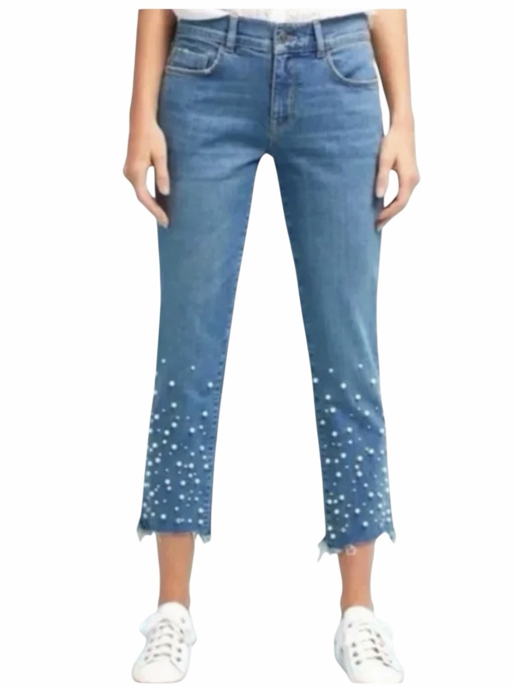 Pilcro and Letterpress size 27 pearl embellished ankle cropped jeans , raw hem